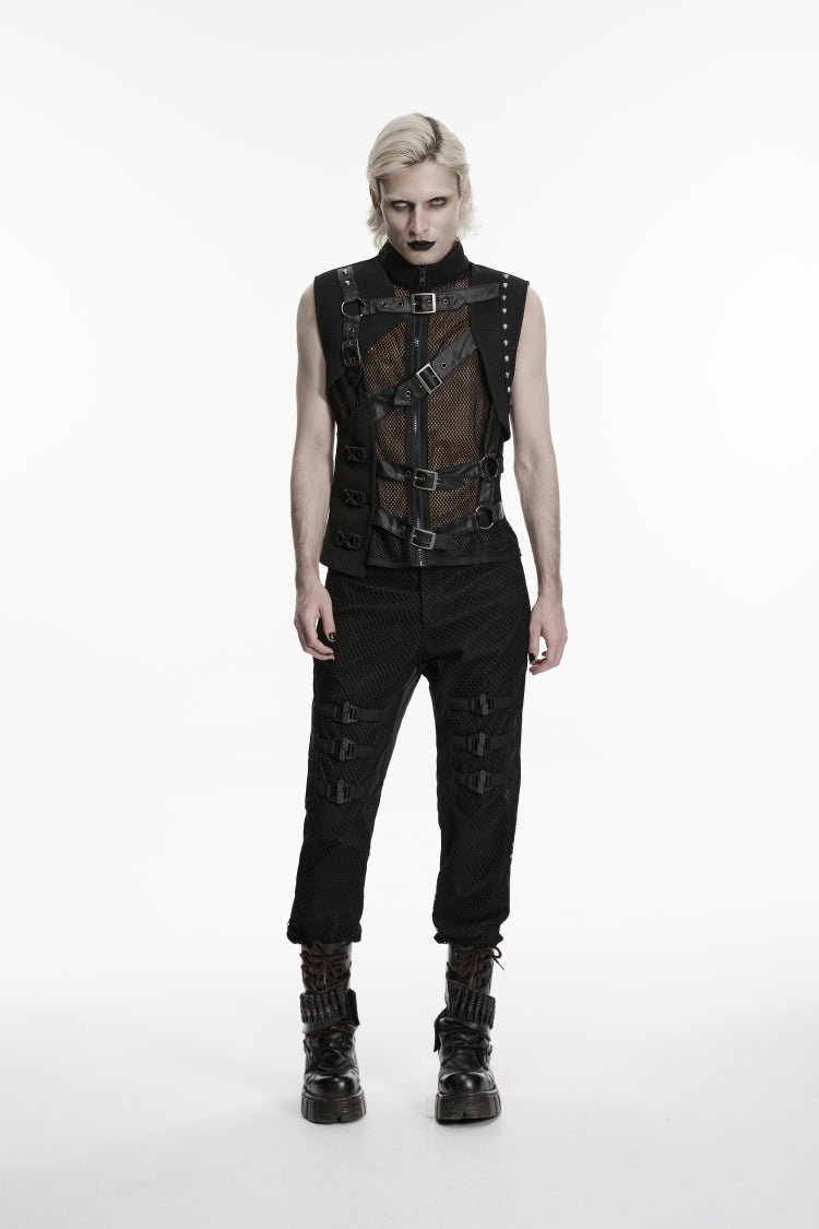 Cool Men's Black Punk Vest, Asymmetric with Studs and Buckles