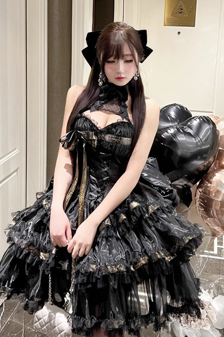 Gothic Princess Dress with Halterneck and Triple Ruffle Lace in Black