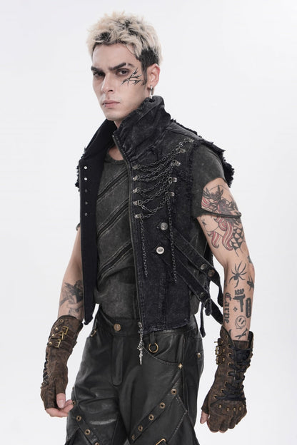 Edgy Black Punk Vest for Men, Sleeveless with Zippers and Chain Accents