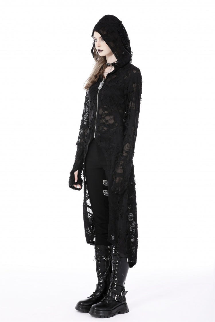 Ebony Long-Sleeve Ripped Zip Punk Long Hooded Coat
