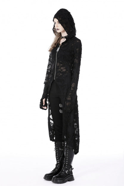 Ebony Long-Sleeve Ripped Zip Punk Long Hooded Coat