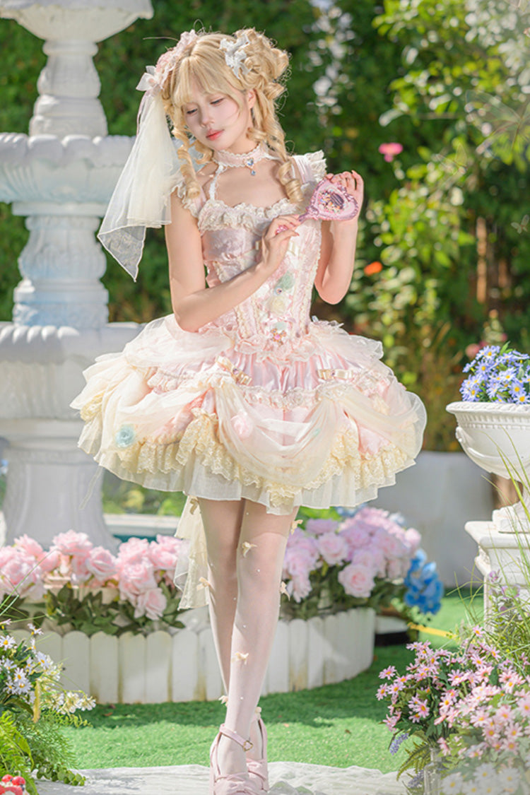 Blush Ruffled Embroidered Bow Lace Fishbone Princess JSK