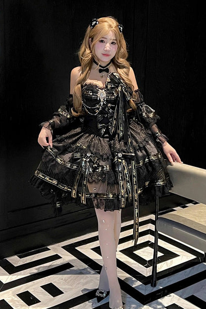 Ebony Sleeveless Tiered Bow Pearl Princess Gown - Golden Obsidian Night
