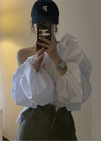 Cold Blouse Puff Sleeve French Shoulder Cotton White Top