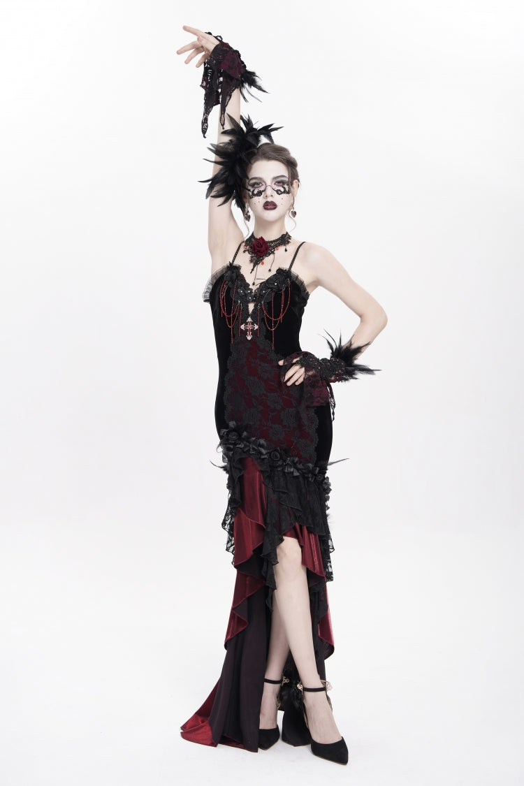 Crimson & Obsidian Sleeveless Cross Ruffled Floral Embroidered Chain-Decorated Gothic Long Slip Dress
