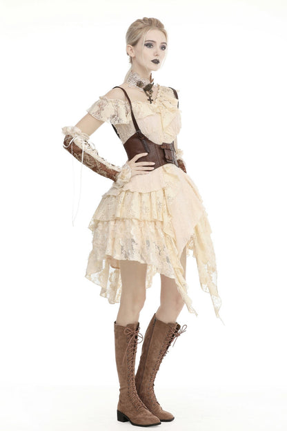 Steampunk Vintage Women's Dress with Irregular Ruffled Lace Layers, Cream