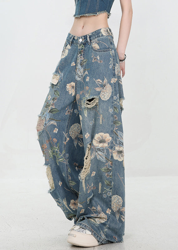 High Hole Print Denim Unique Blue Waist Summer Pants