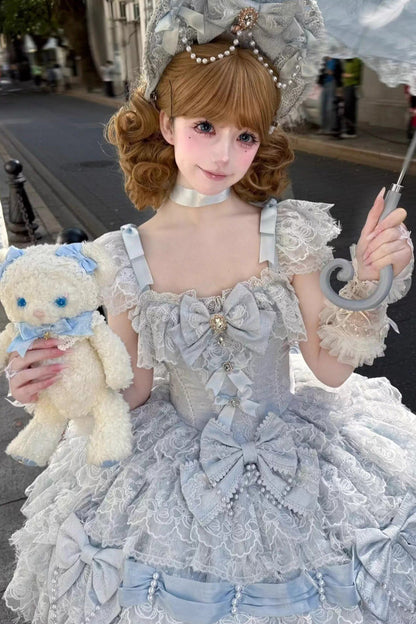 Azure Cloudborne Snowfeather Sleeveless Multi-Layered Hanayome Bow Pearl Gothic Lolita Jumper Dress