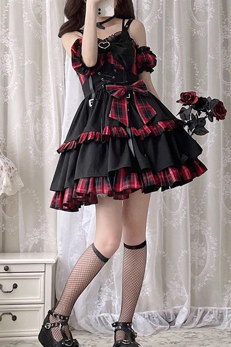 Crimson & Charcoal Tartan Contrast Leather Buckle Bow Ruffle Goth JSK