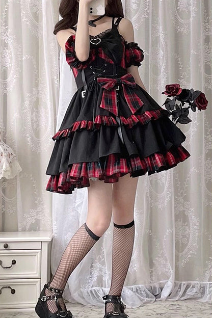 Crimson & Charcoal Tartan Contrast Leather Buckle Bow Ruffle Goth JSK