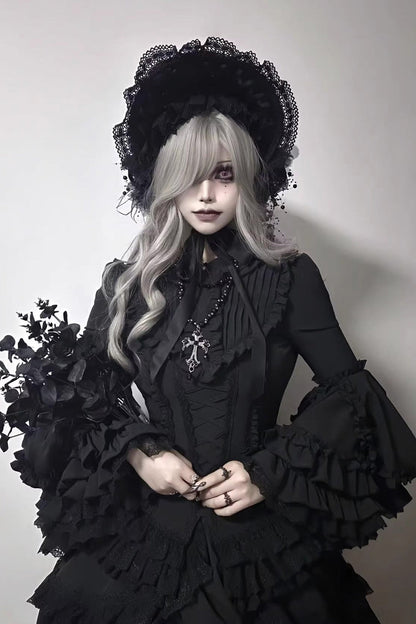 Ebony Flared Sleeve Tiered Lace-Up Bow Gothic JSK Ensemble - Immortal Phoenix
