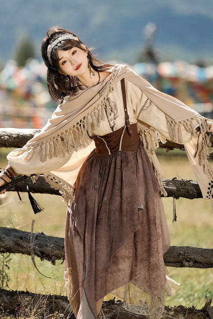 Sunset Sand Print Asymmetrical Vintage Lolita Outfit Set