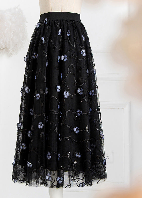 Art Black Embroidered Floral High Waist Tulle Pleated Skirts Spring AJ1018