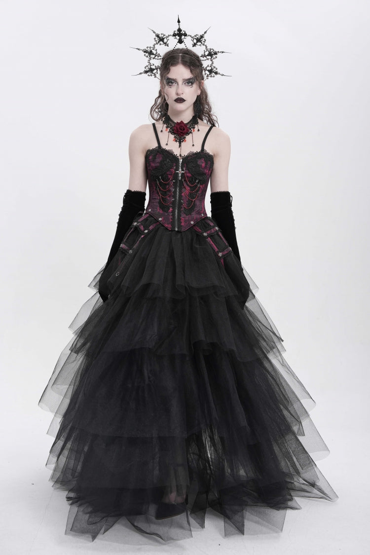 Crimson Gothic Vest with Embroidery Lace and Chain Details