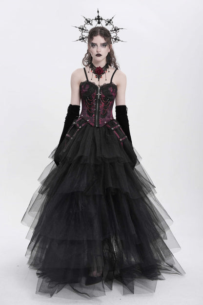Crimson Gothic Vest with Embroidery Lace and Chain Details