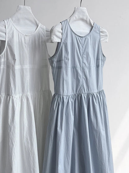 Patchwork O-neck Dress Simple Sleeveless Blue Puff Hem