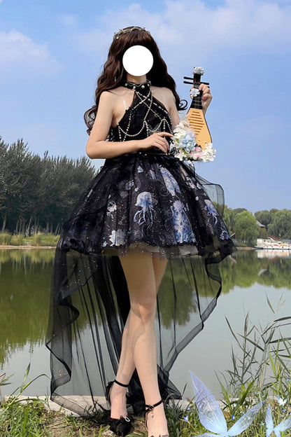 Azure Deep Sea Jellyfish Halter Sleeveless Print Embroidery Bow Lace Elegant Lolita Jumper Dress