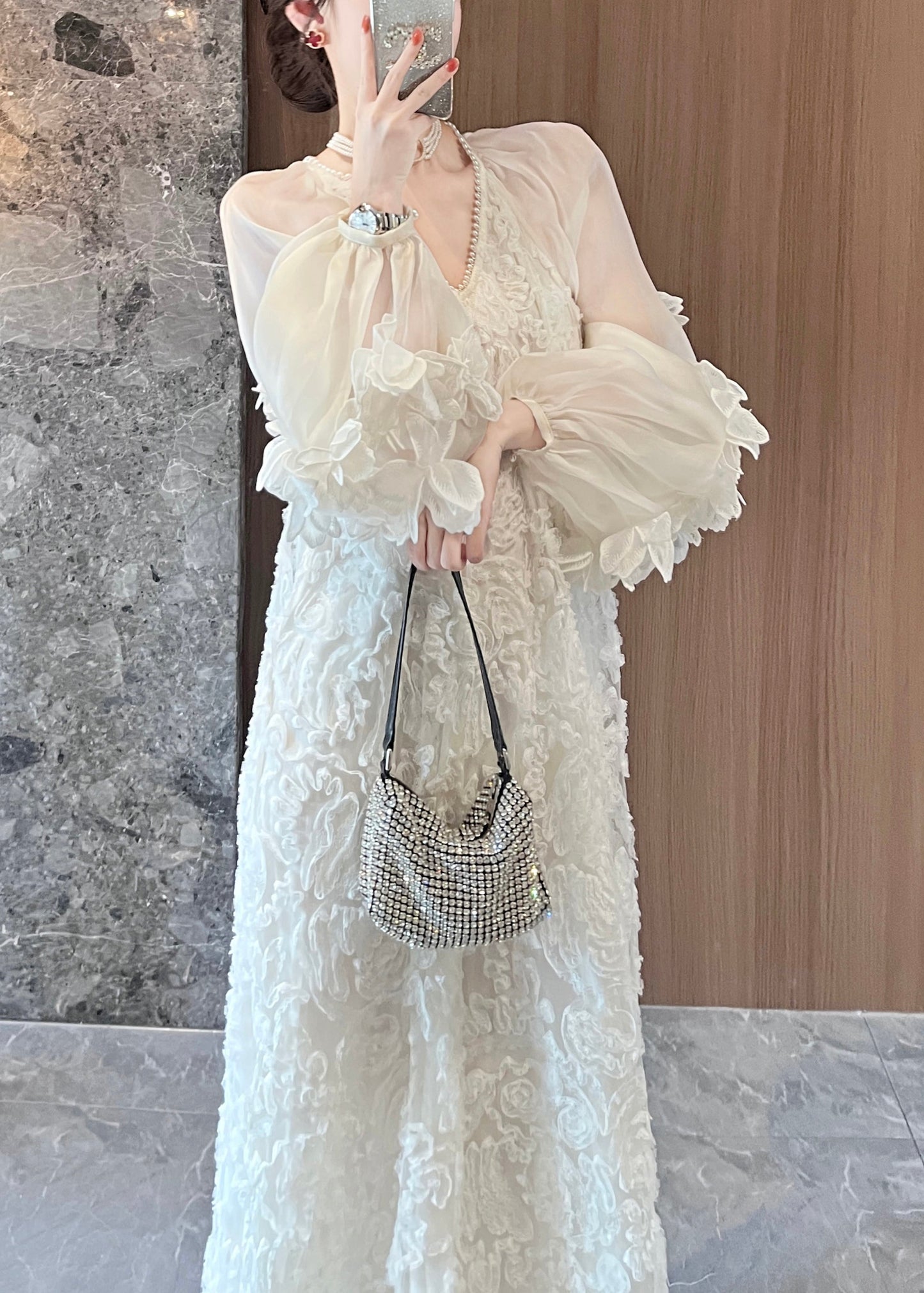 Long Spring Patchwork Italian Beige Dresses Lace Tulle Neck V