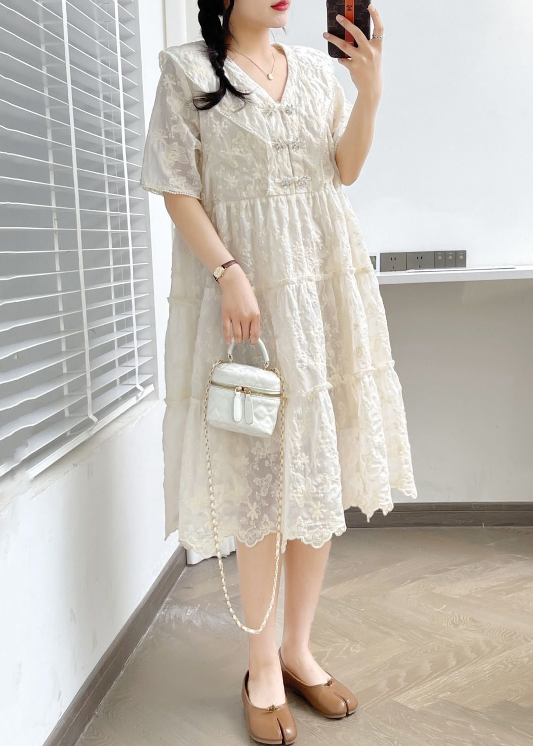 Elegant White V Neck Button Ruffled Cotton Dress Summer NN040