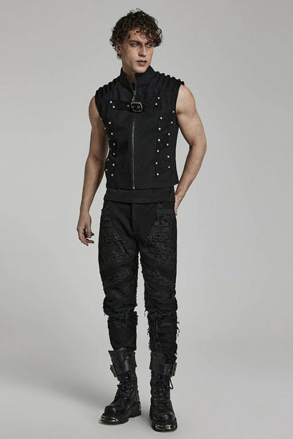Men's Steampunk Black Vest, Sleeveless with Stitching and Buckle Details