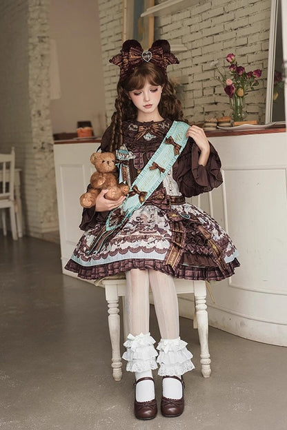 Teddy Bear Chocolate Asymmetric Lolita Strap Dress with Bow - Sleeveless