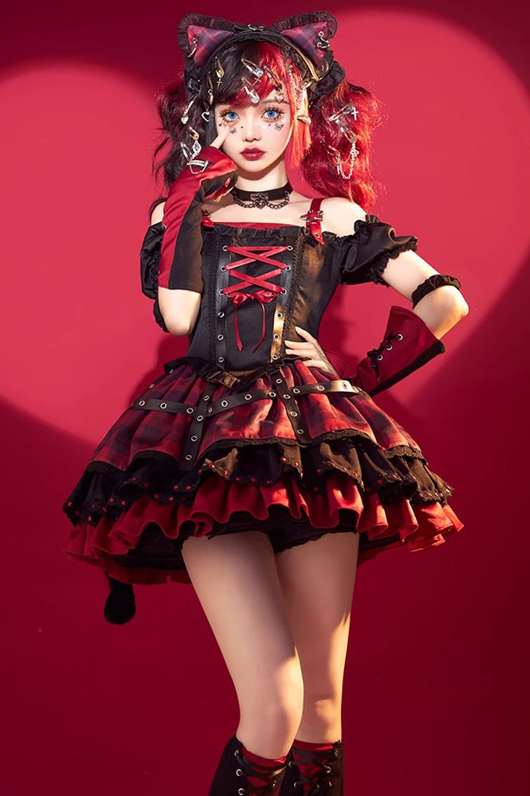 Crimson & Charcoal Floral Ruffle Laced Japanese Goth Princess JSK