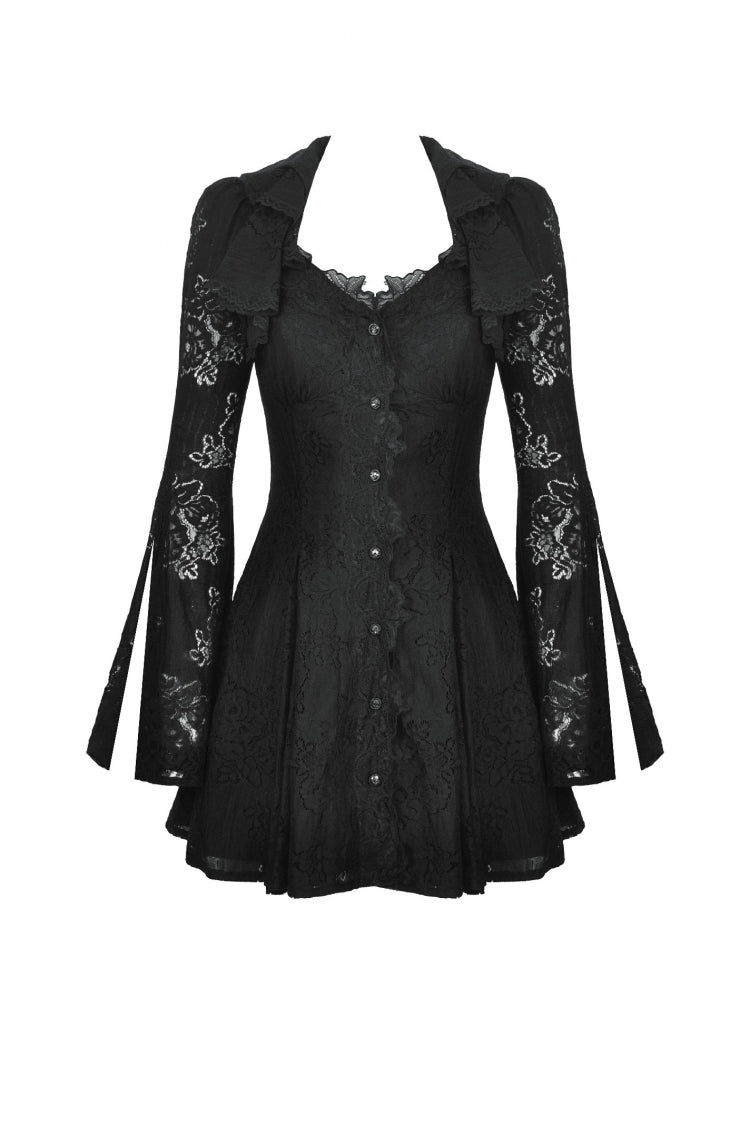 Ebony Flared-Sleeve Embroidered Lace-Up Gothic Honeymoon Dress