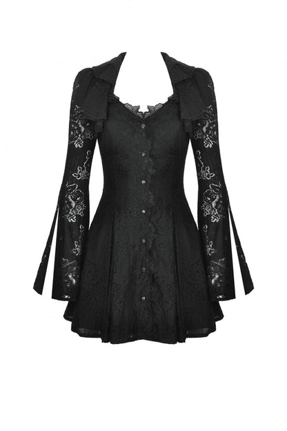 Ebony Flared-Sleeve Embroidered Lace-Up Gothic Honeymoon Dress