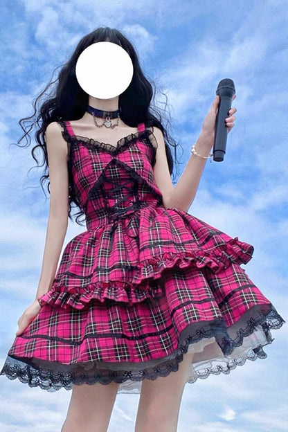 Crimson Lolita JSK Dress with Layered Ruffles and Bow Accents