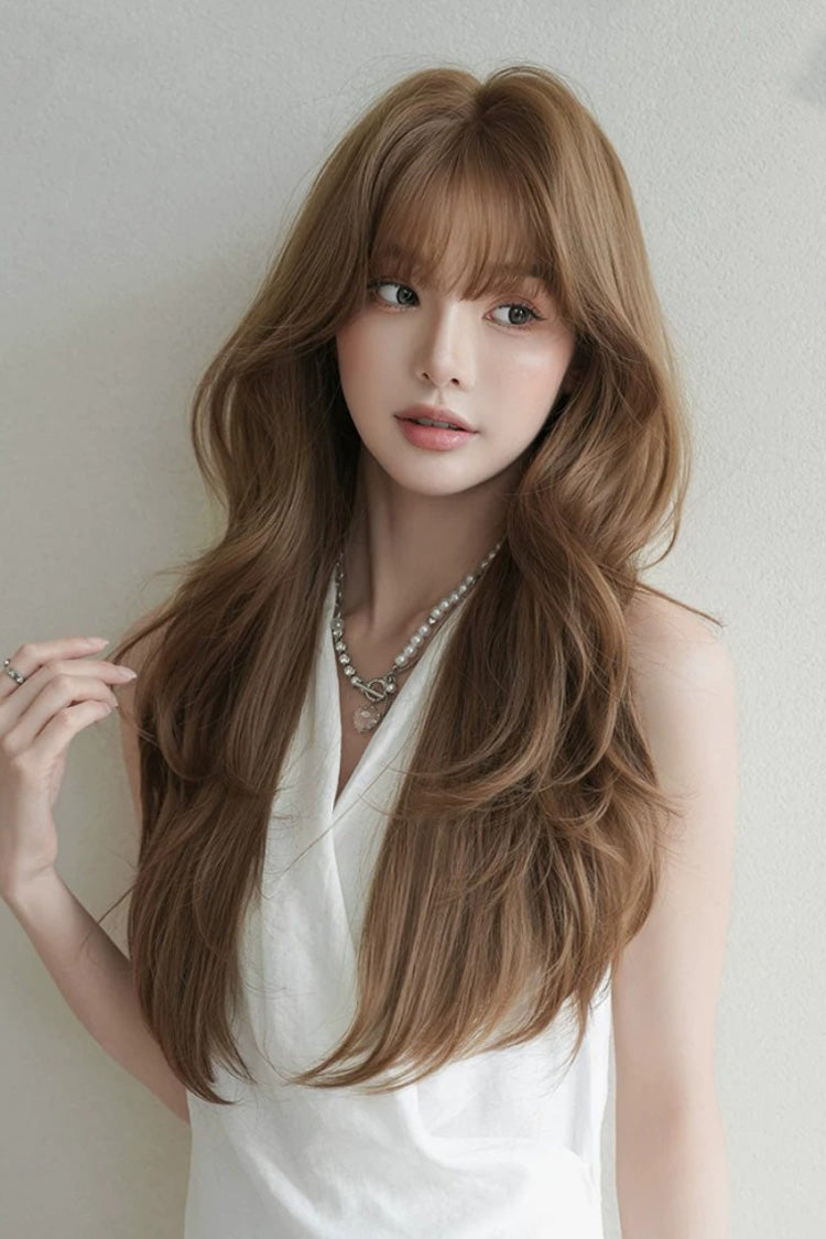 Coffee Milky Korean High-Layered Wavy Lolita Wig with Air Bangs