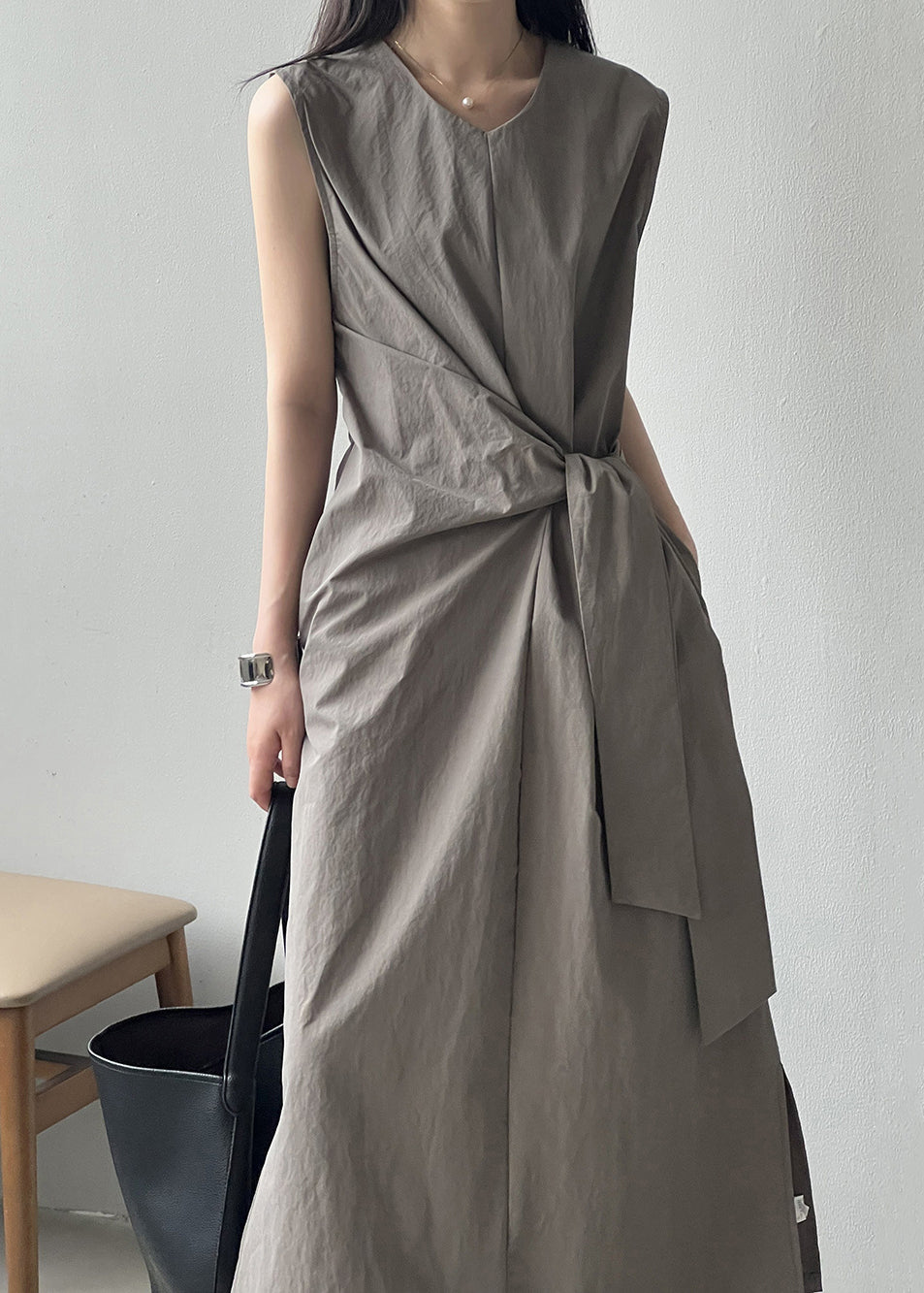 Pockets Grey V Cotton Long Sleeveless Design Dress Neck Original
