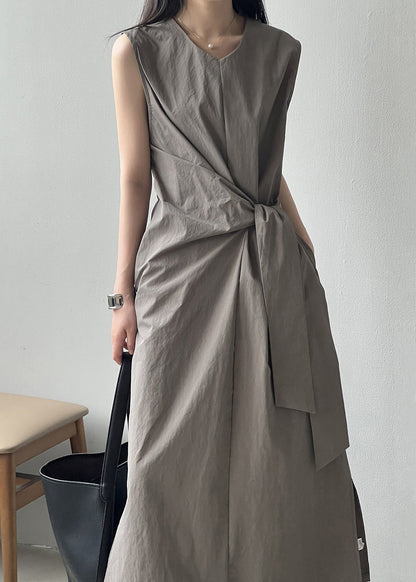 Pockets Grey V Cotton Long Sleeveless Design Dress Neck Original