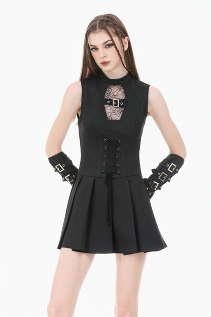 No-Sleeve Cobweb Sheer Mesh Lace-Up Punk Mini Dress