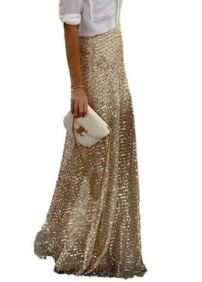 Waist High Maxi Sequins Stylish Gold Spring Skirts