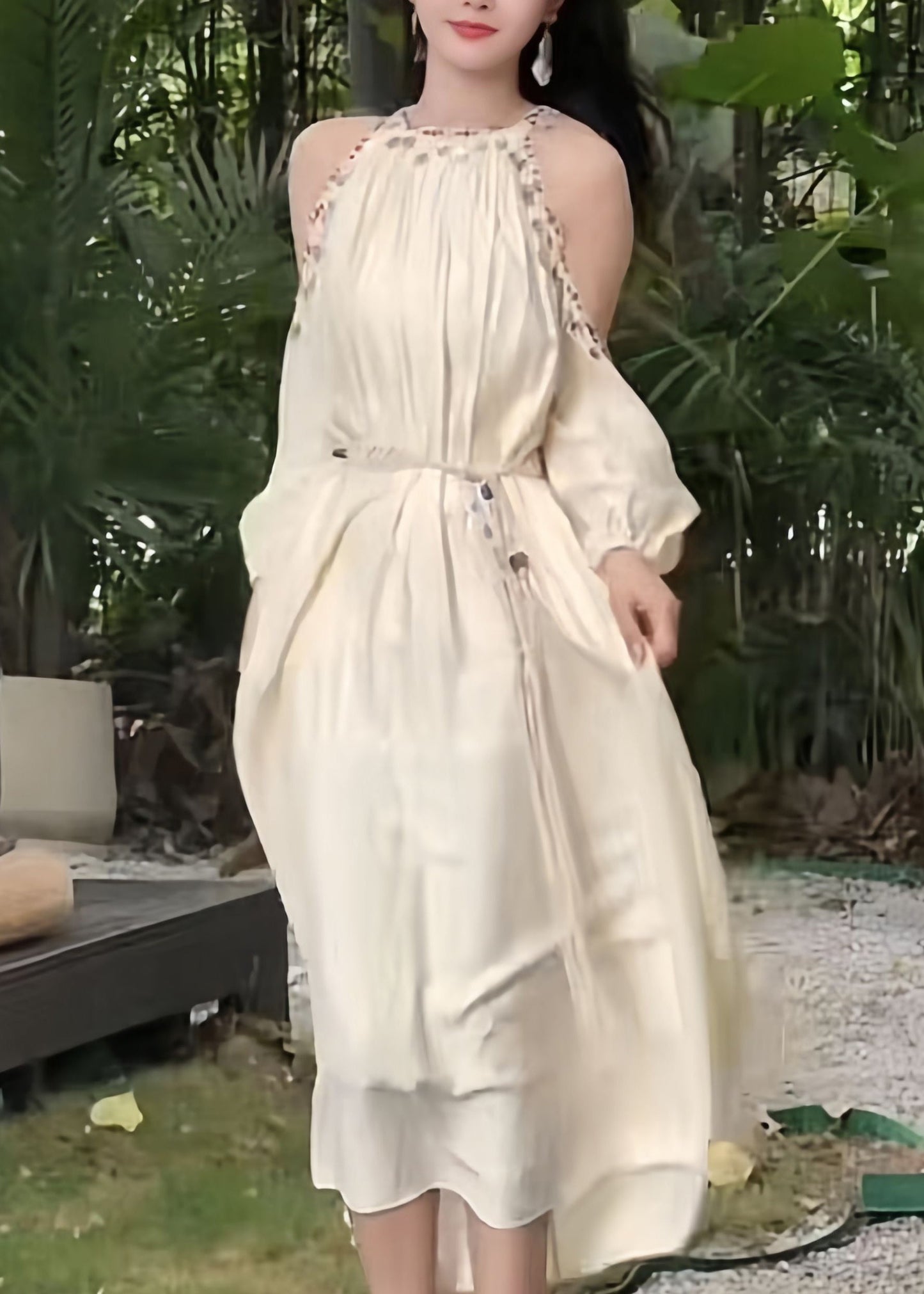 Apricot Bohemian Lantern Silk Cold Sleeve Shoulder Sequins Long