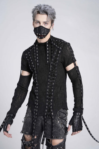 Ebony Long-Sleeve Strap Lace-Up Irregular Sheer Men's Punk Tee