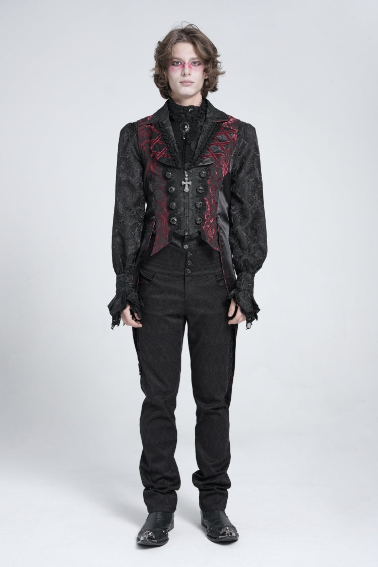 Crimson & Obsidian Sleeveless Lace-Up Zipper Swallow-Tailed Vest