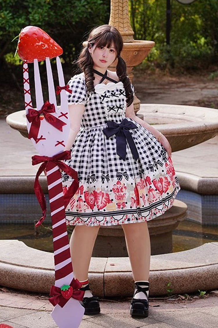 Crimson Sweet Plus Size Lolita Dress with Strawberry Plaid and Bow