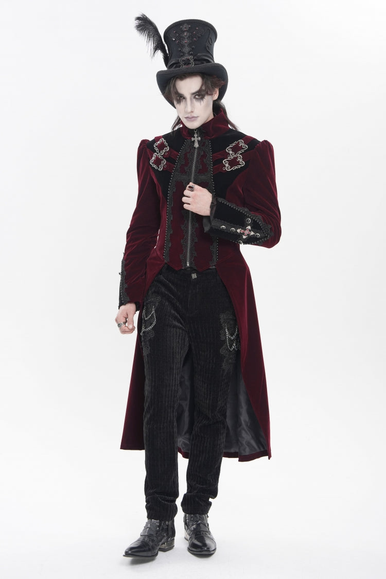 Crimson High-Neck Gothic Palace Jacket with Color Block and Embroidery