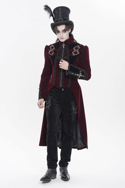 Crimson High-Neck Gothic Palace Jacket with Color Block and Embroidery