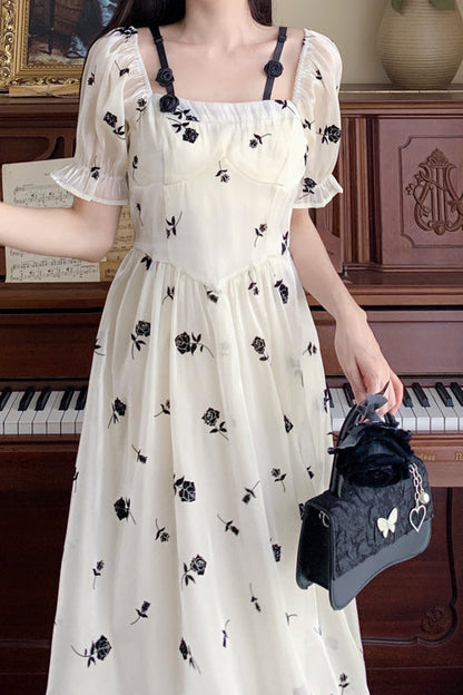 Plus Size Sweet Lolita Dress with French Square Collar, Rose Print & Short Sleeves, Cream