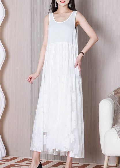 White Tulle Patchwork Cotton Dresses O Neck Summer TT1026