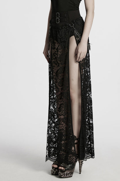 Women's Gothic Skirt with Embroidery, Split Lace and Studded Chain