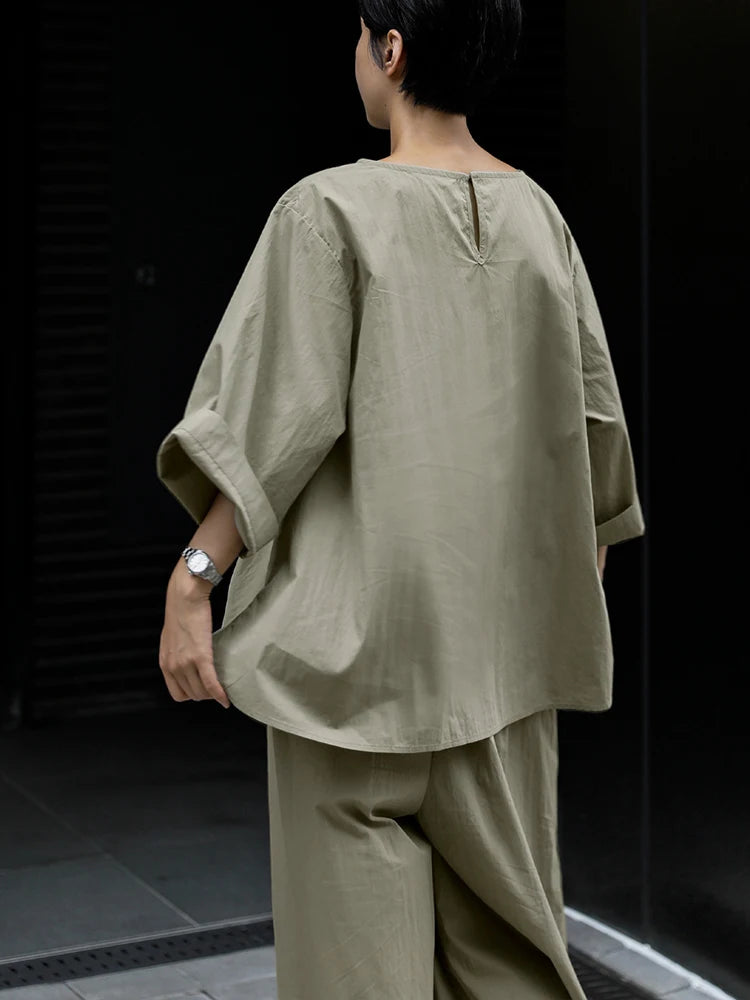 Casual Cotton Top Drawstring Sleeve Khaki Half Asymmetrical