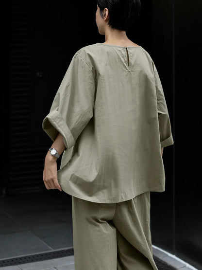 Casual Cotton Top Drawstring Sleeve Khaki Half Asymmetrical