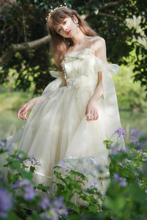 Sweet Lolita JSK Gown with High Waist, Bow Accents & Chiffon Short Cut