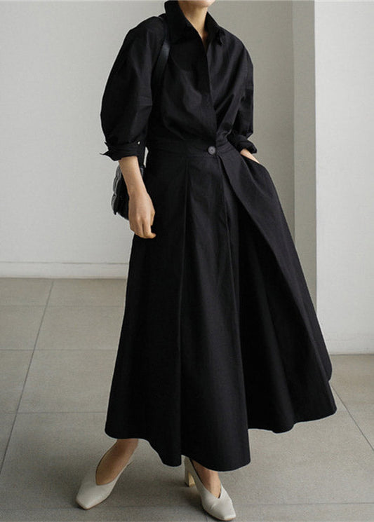 Cotton Black Dresses Long Sleeve Wrinkled Button