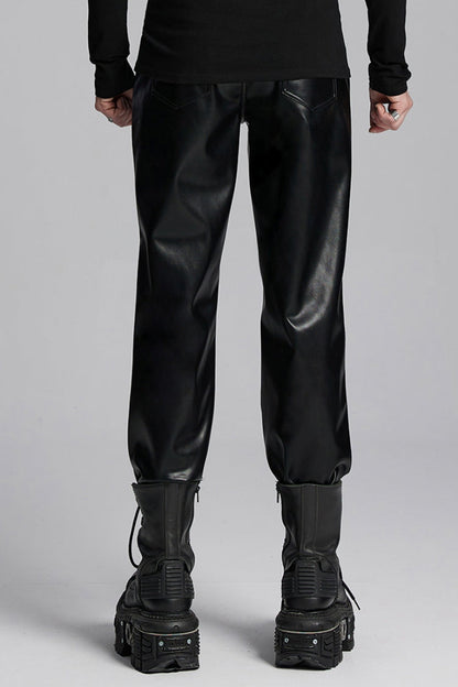 Punk Leather Pants for Men - Black Slim Fit