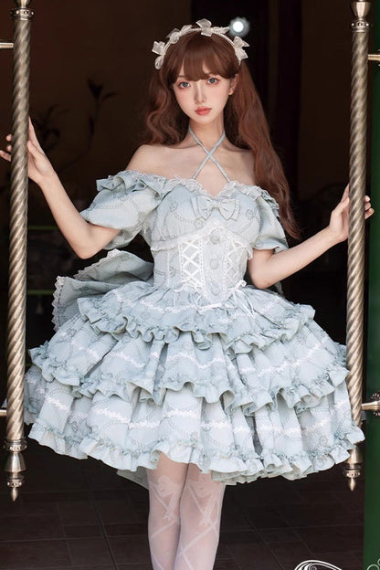 Square Collar Short Sleeve Triple-Layered Ruffle Bowknot Sweet Lolita Dress in Mint