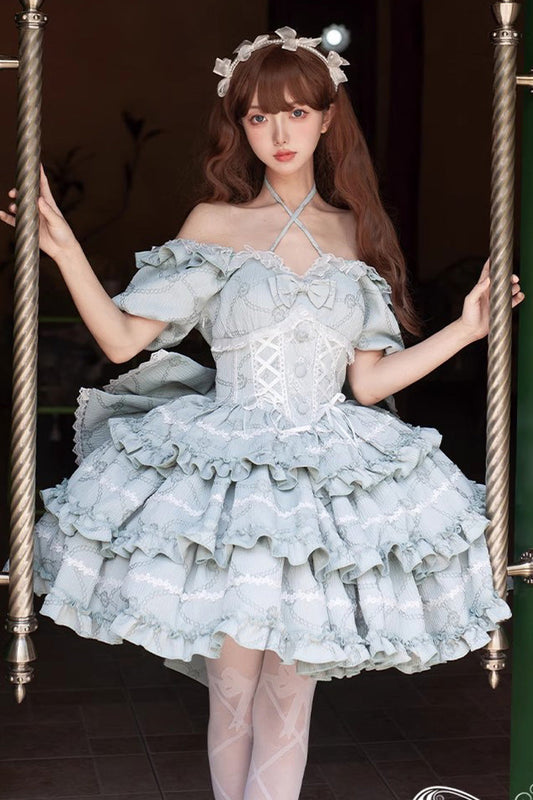 Square Collar Short Sleeve Triple-Layered Ruffle Bowknot Sweet Lolita Dress in Mint